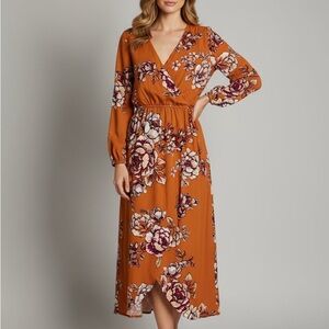 one clothing Rust Floral Wrap Midi Dress